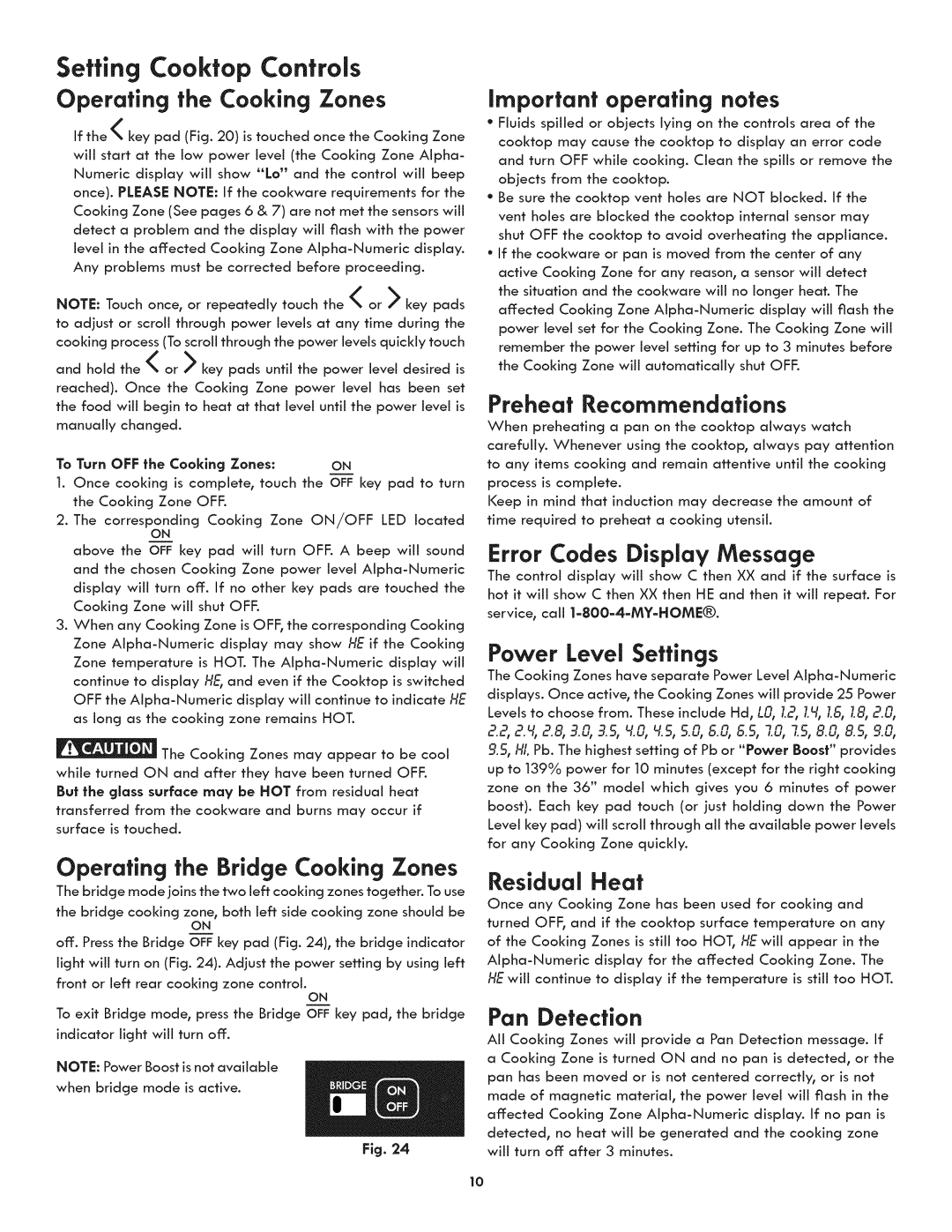 Kenmore 790.4392* Preheat Recommendations, Error Codes Display Message, Power Level Settings, Residual Heat, Pan Detection 