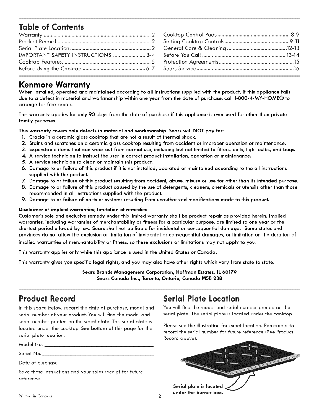 Kenmore 790.4392*, 790.4382* manual Table of Contents, Kenmore Warranty, Product Record, Serial Plate Location 