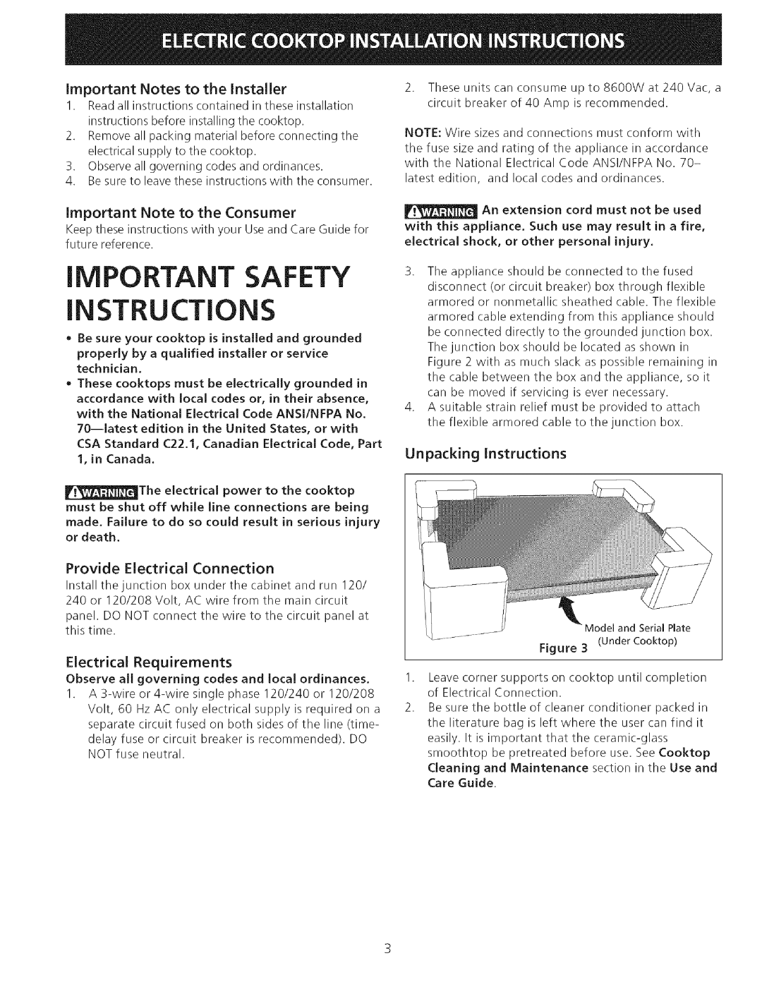 Kenmore 79044173601, 79044189600 Important Note to the Consumer, Provide EJectrical Connection, EJectrical Requirements 