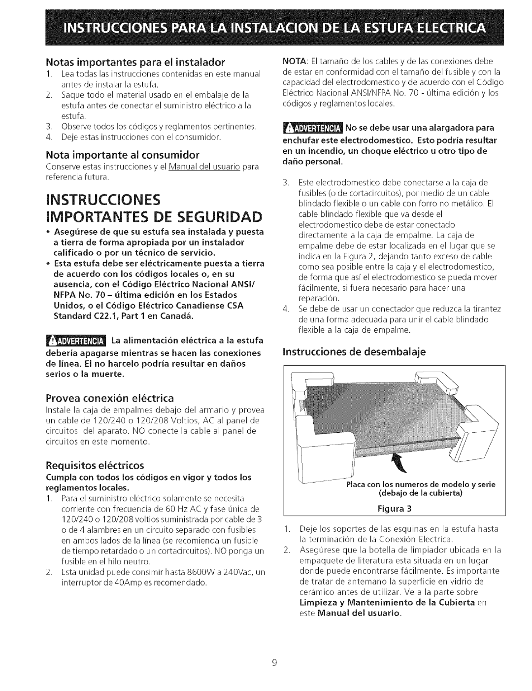 Kenmore 79044172600 manual Notas importantes para el instalador, Nota importante al consumJdor, Provea conexi6n elctrica 