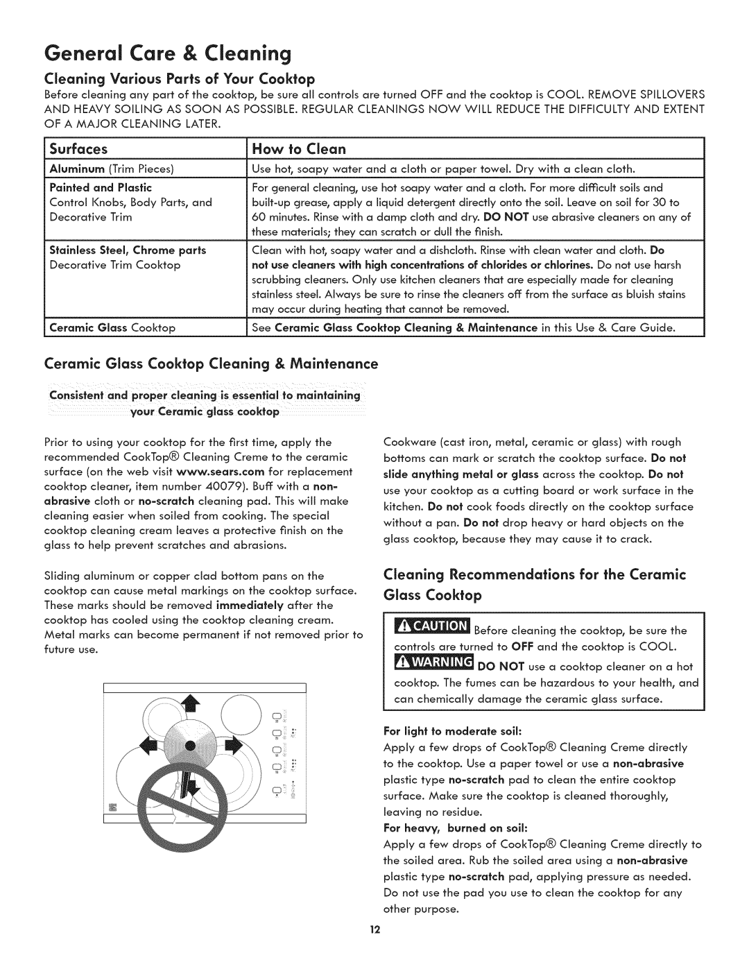 Kenmore 790.4422 manual General Care & Cleaning, Cleaning Various Parts of Your Cooktop, Surfaces How Fo Clean 