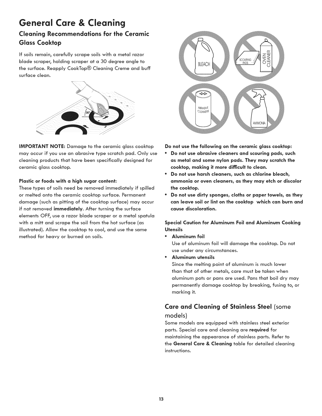 Kenmore 790.4422 Cleaning Recommendations for the Ceramic, Care and Cleaning of Stainless Steel some, Aluminum utensils 