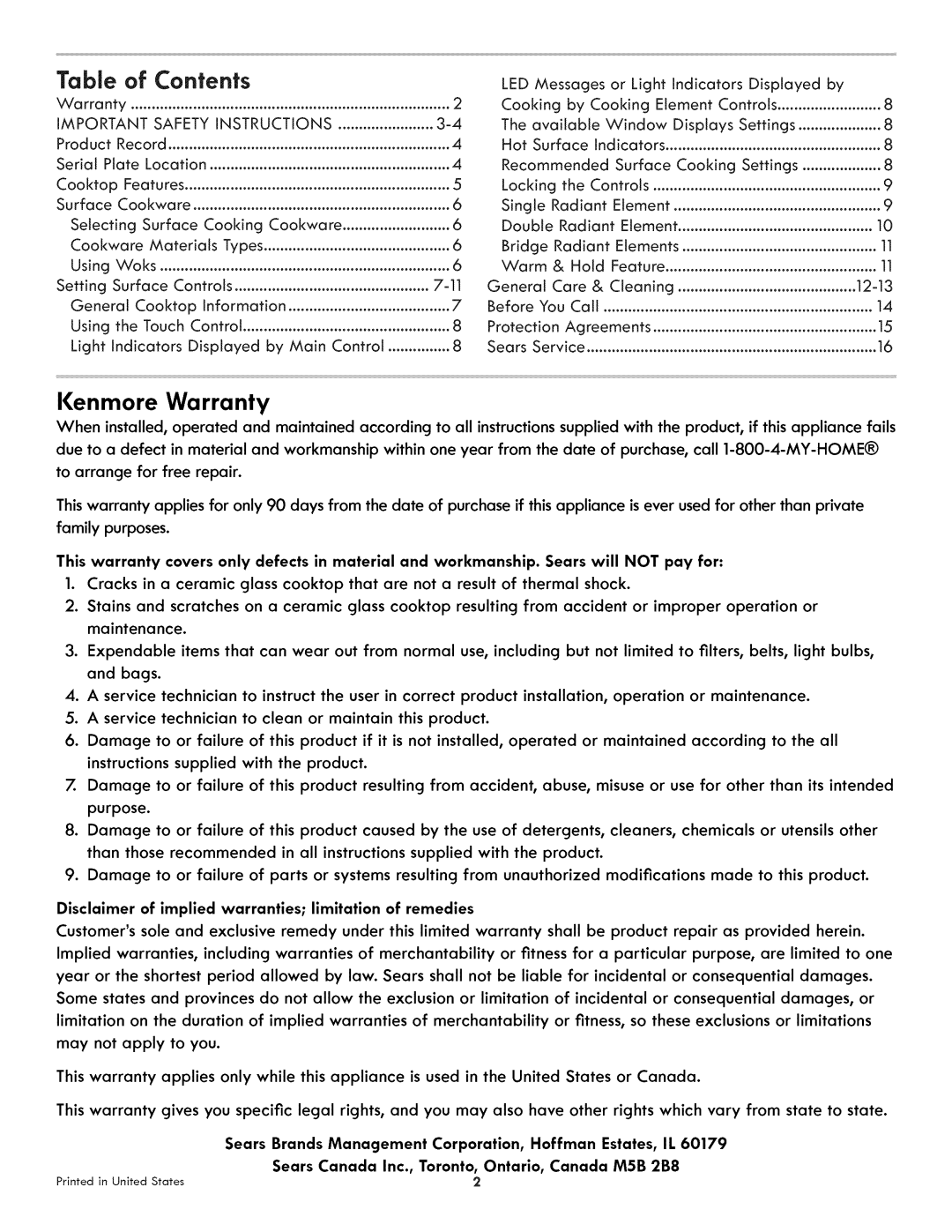 Kenmore 790.4422 manual Contents 