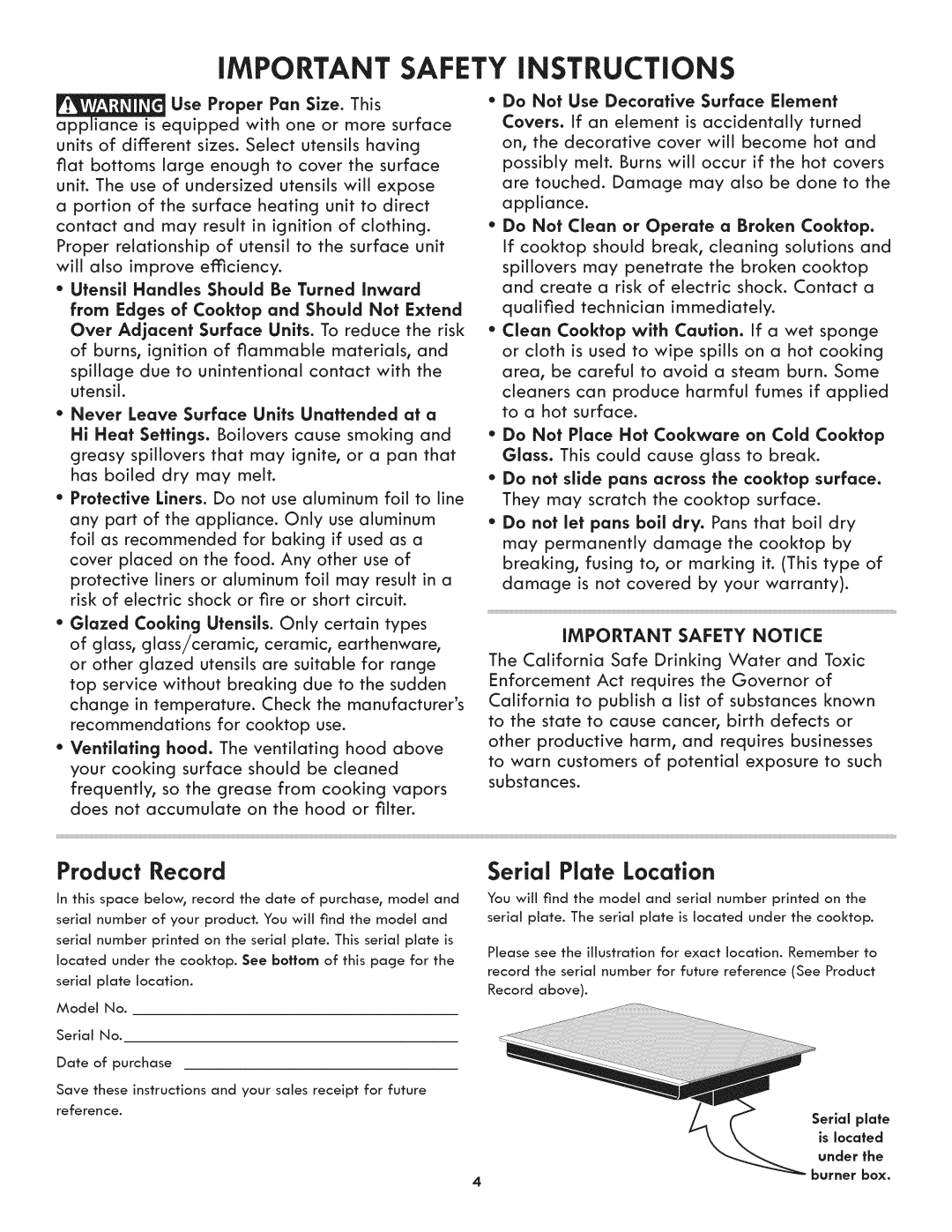 Kenmore 790.4422 manual Product Record, Serial Plate Location, Use Proper Pan Size. This, Is located 