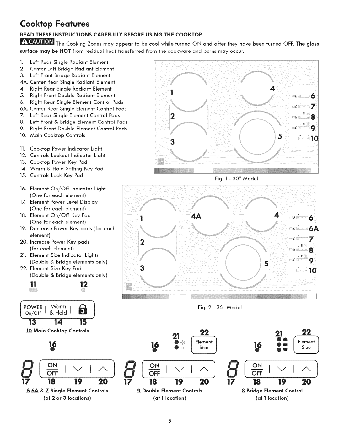 Kenmore 790.4422 manual 6A & 7 Single Element Controls, At 2 or 3 locations, Main Cooktop, Double Element Controls Bridge 