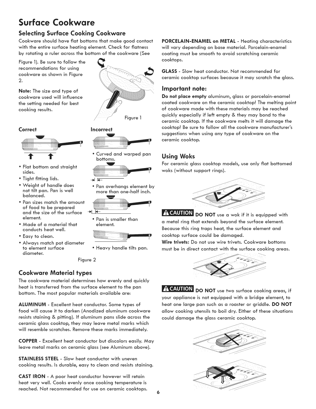 Kenmore 790.4422 manual Surface Cookware, Selecting Surface Cooking Cookware, Using Woks, Cookware Material types, Correct 