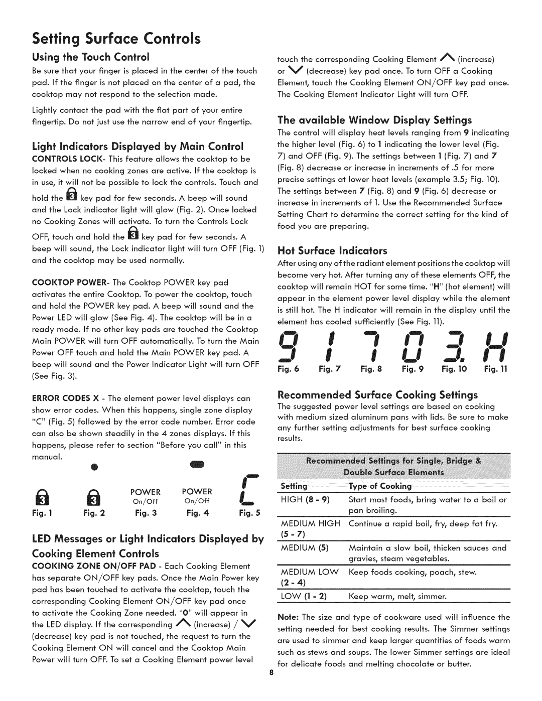 Kenmore 790.4422 Setting Surface Controls, Light Indicators Displayed by Main Control, Available Window Display Settings 