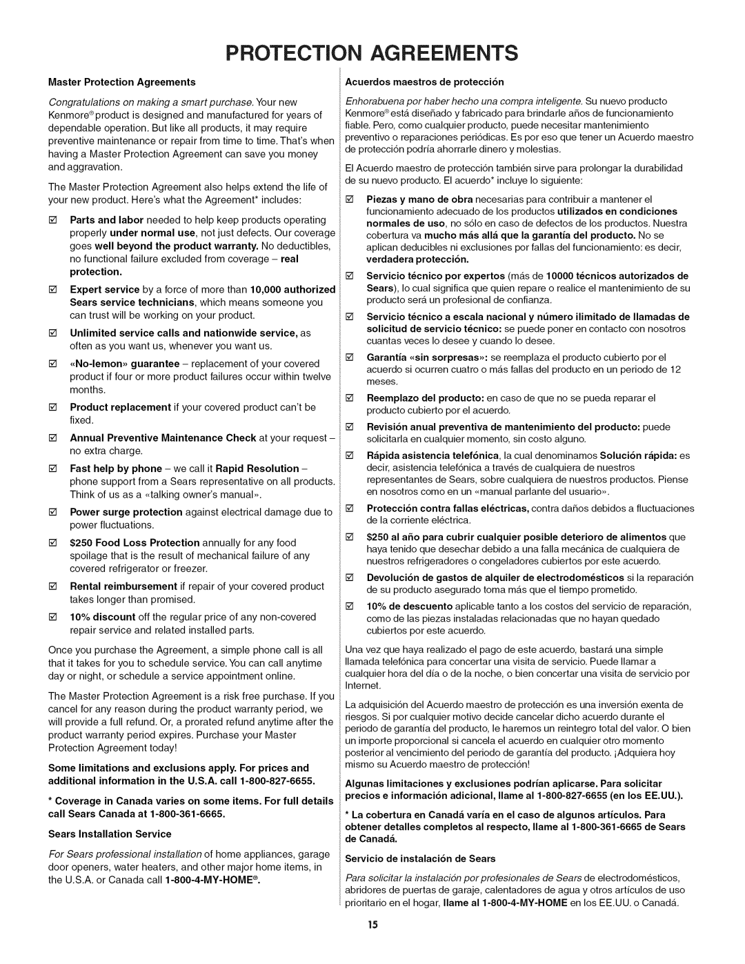 Kenmore 790.4422 manual Master Protection Agreements 