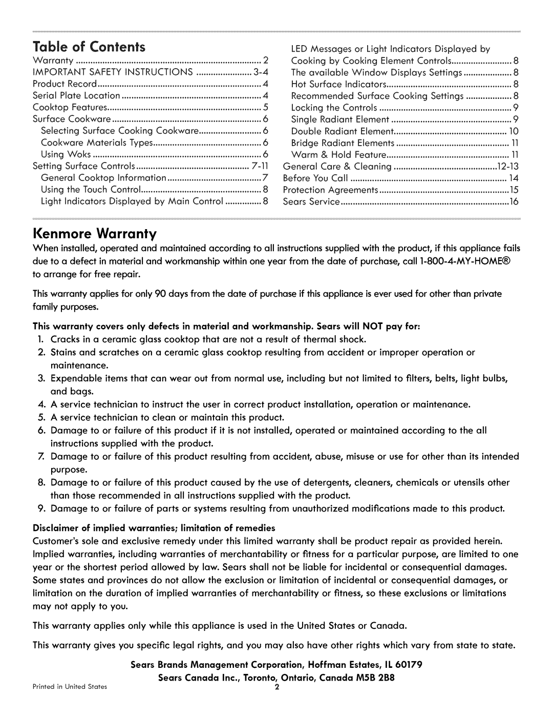 Kenmore 790.4422 manual Table, of Contents, Kenmore Warranty 