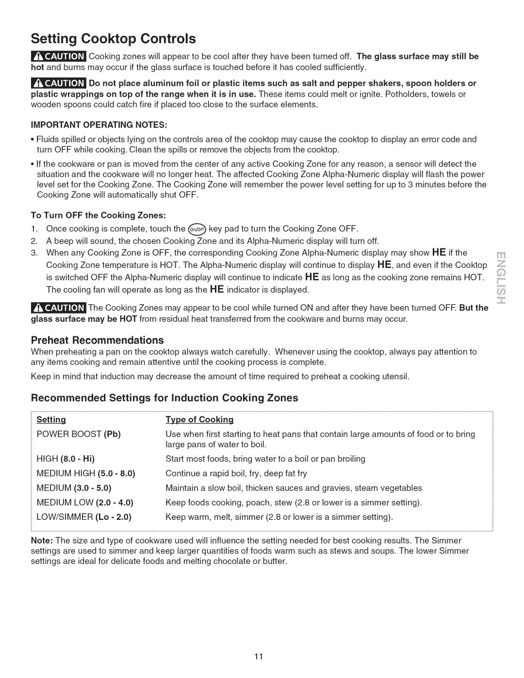 Kenmore 790.45 manual Preheat Recommendations, Recommended Settings for induction Cooking Zones 