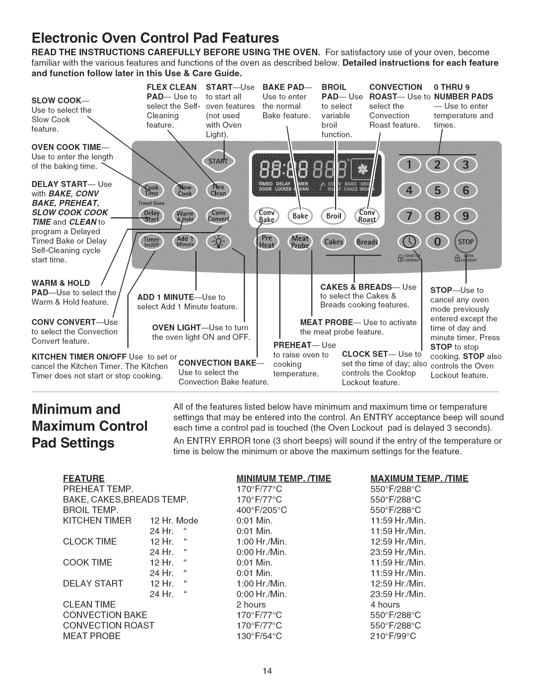 Kenmore 790.45 manual Electronic Oven Control Pad Features, Minimum and Maximum Control, Pad Settings 