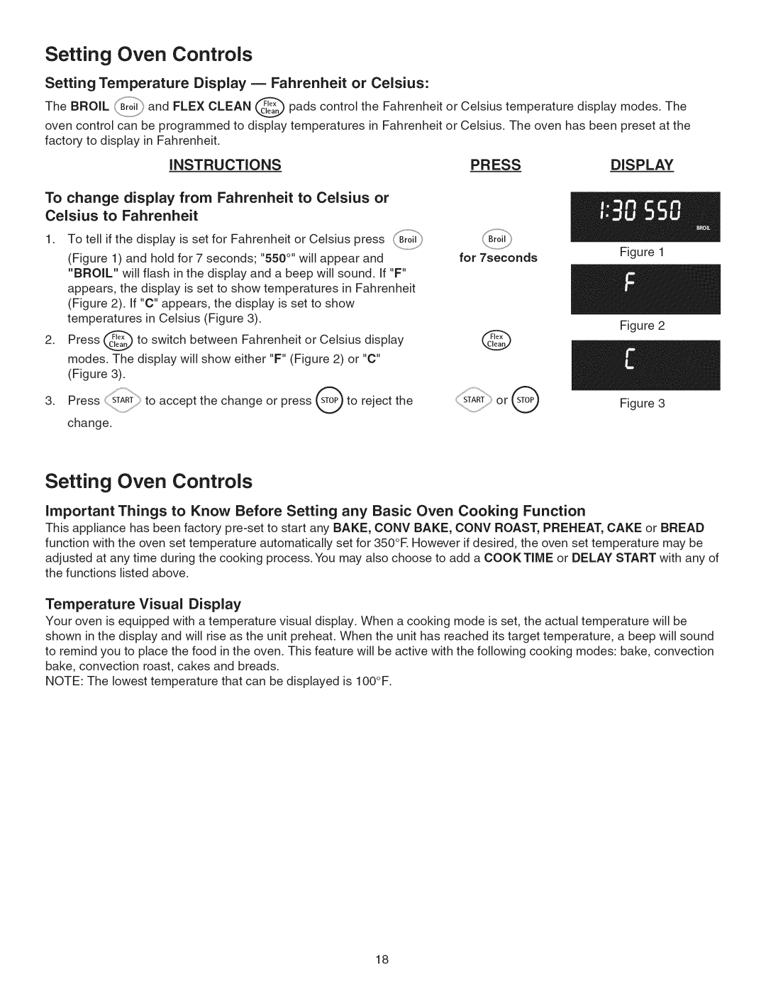 Kenmore 790.45 manual Setting Temperature Display m Fahrenheit or Celsius, Temperature Visual Display 