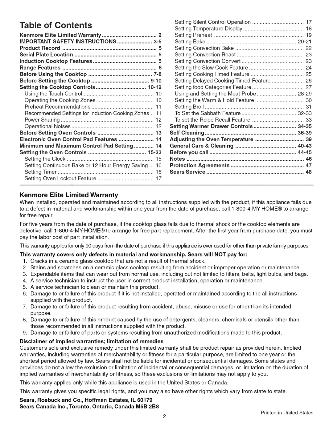 Kenmore 790.45 manual Contents 