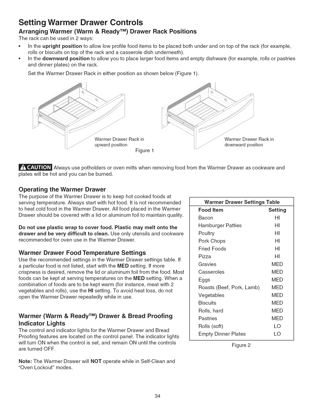 Kenmore 790.45 manual Setting Warmer Drawer Controls, Arranging Warmer Warm & Ready TM Drawer Rack Positions 