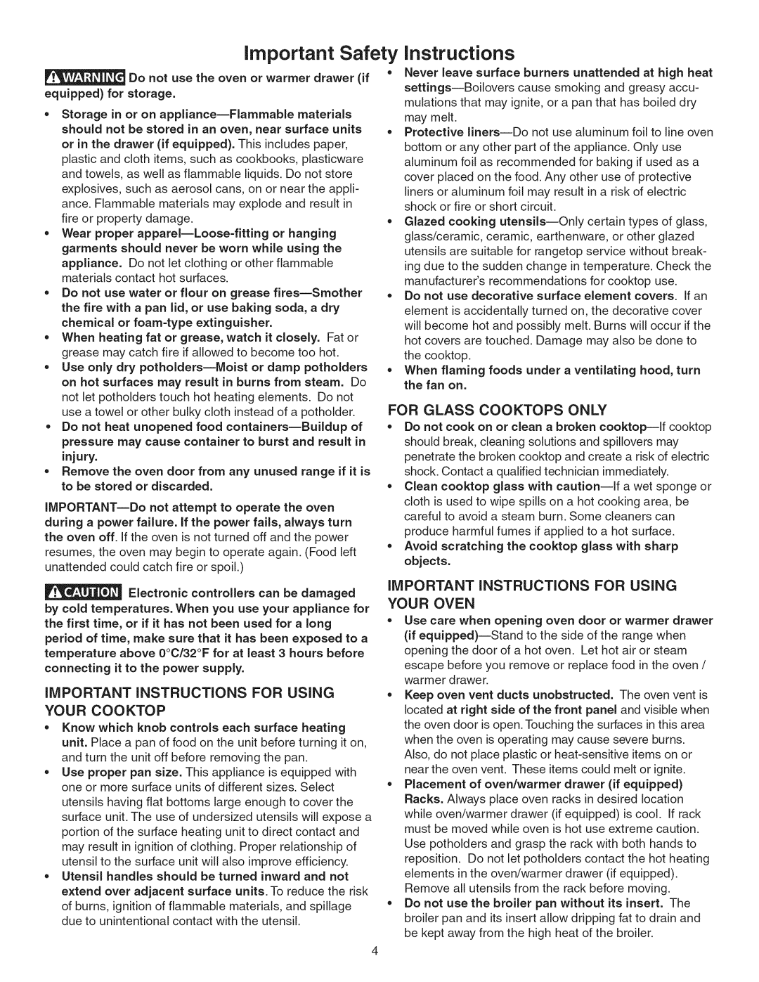 Kenmore 790.45 manual IMPORTANT iNSTRUCTiONS for Using, Your Cooktop, For Glass Cooktops only 