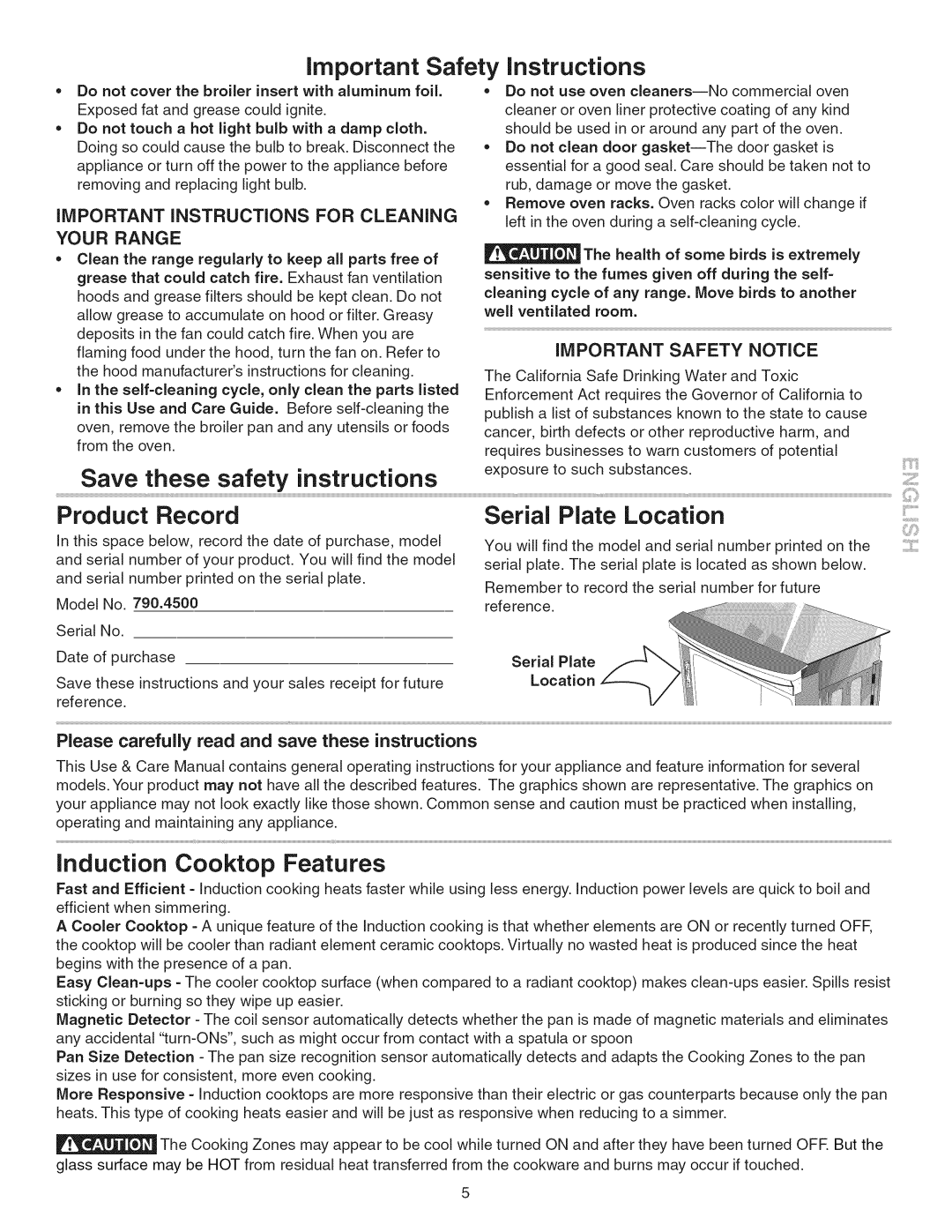 Kenmore 790.45 manual Instructions, Product Record, Serial Plate Location, Induction Cooktop Features 