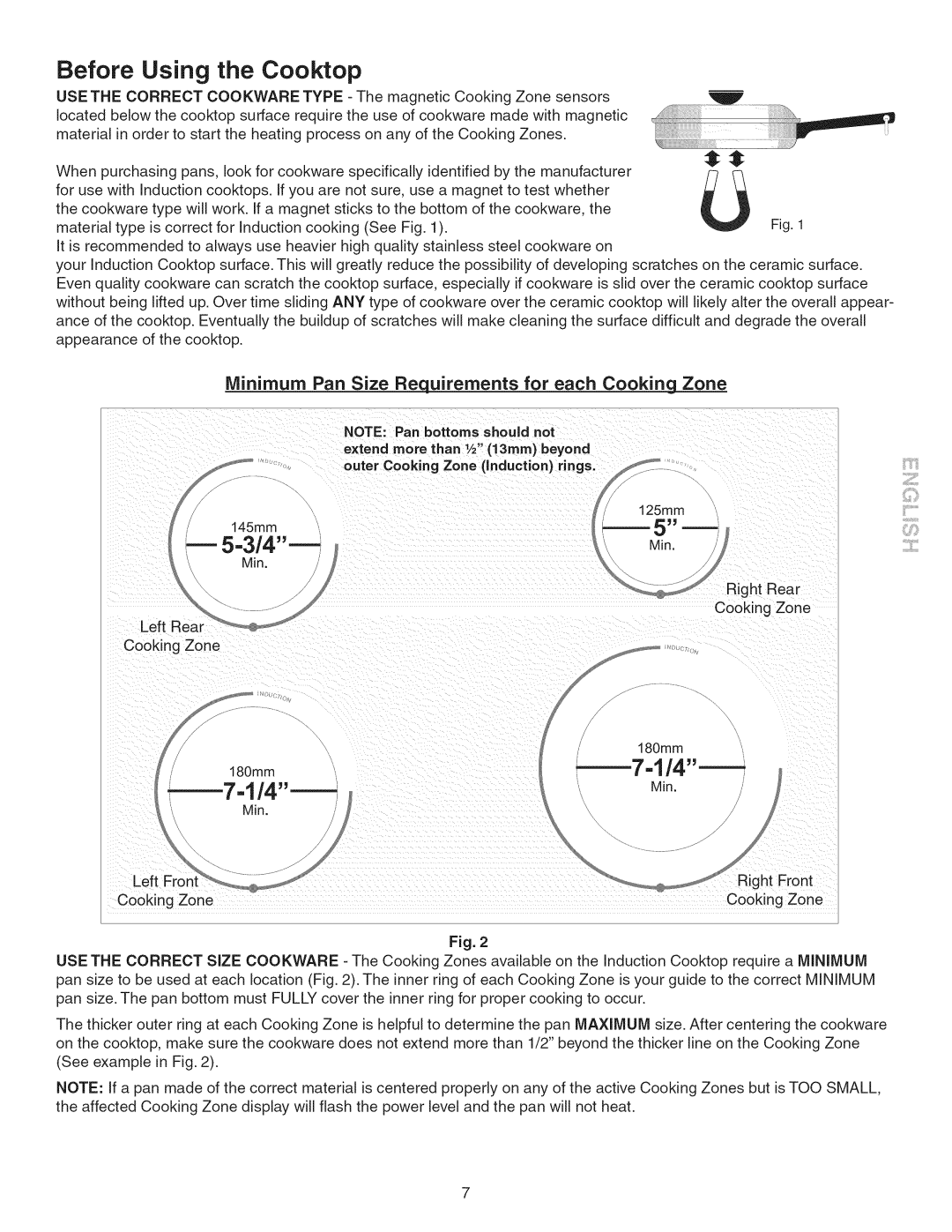 Kenmore 790.45 manual Before Using the Cooktop, Minimum Pan Size Requirements for each Cooking. Zone 