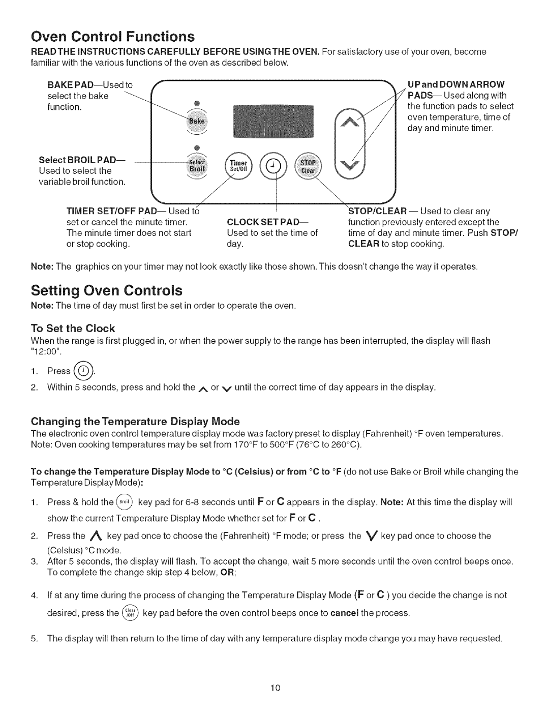 Kenmore 790.4626 manual Oven Control Functions, Setting Oven Controls, To Set the Clock, Broil PAD 