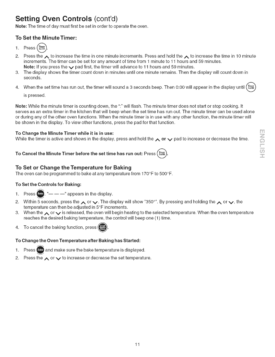 Kenmore 790.4626 manual Setting Oven Controls contd, To Set the MinuteTimer 