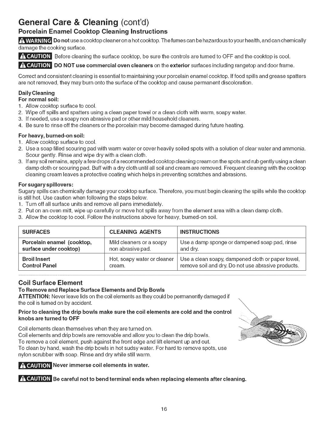 Kenmore 790.4626 General Care & Cleaning contd, Porcelain Enamel Cooktop Cleaning instructions, Surfaces Cleaning Agents 