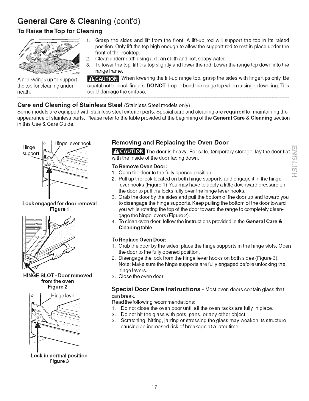 Kenmore 790.4626 manual To Raise theTop for Cleaning, Removing and Replacing the Oven Door, To Remove Oven Door 