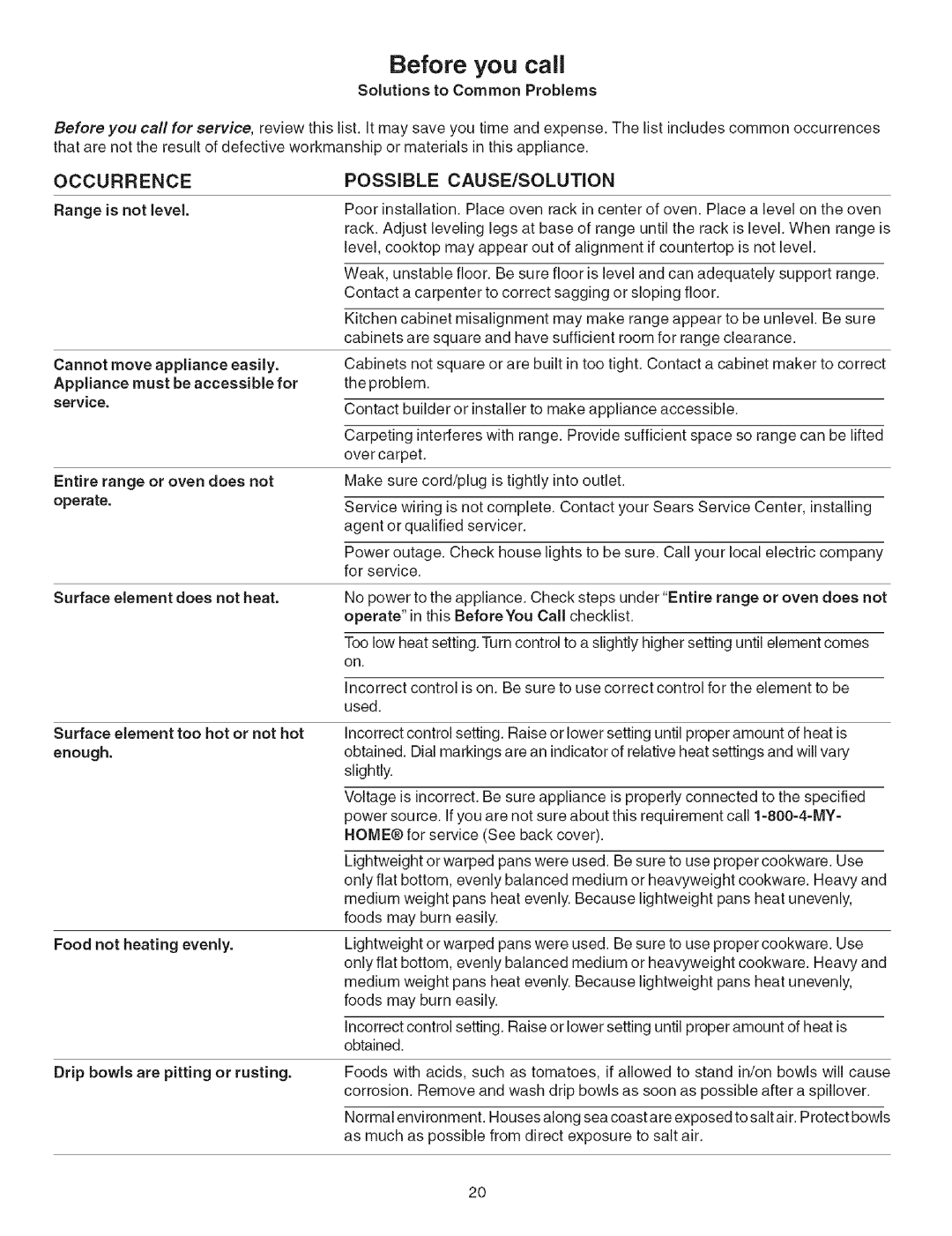 Kenmore 790.4626 manual Before you call, Solutions to Common Problems, Entire range or oven does not operate 