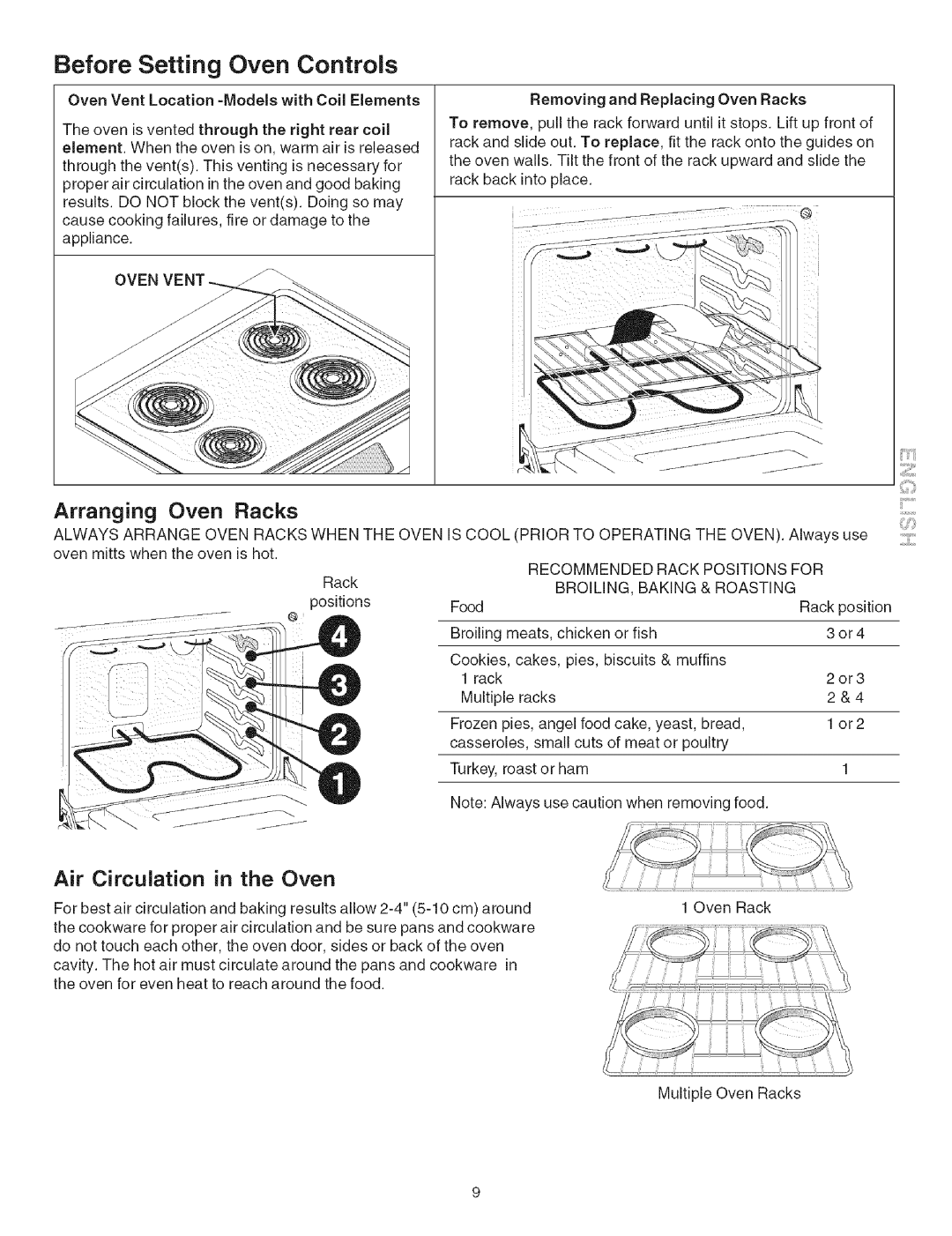 Kenmore 790.4626 manual Before Setting Oven Controls, Recommended Rack Positions For BROIMNG, Baking & Roasting 