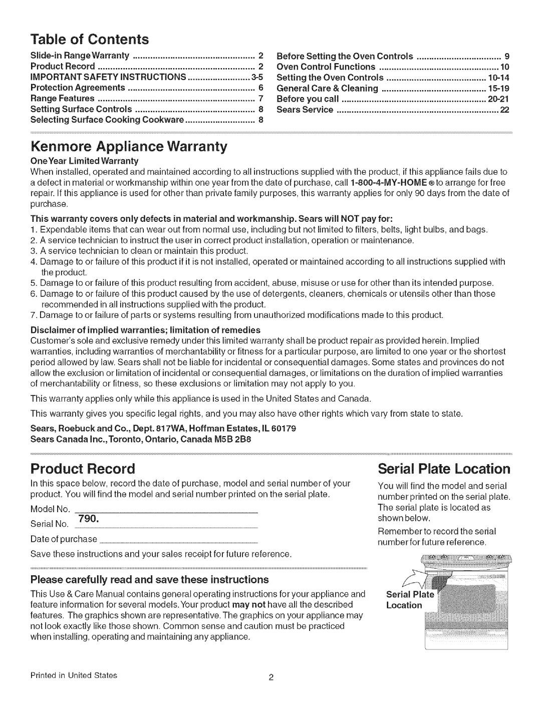Kenmore 790.4626 manual Table of Contents, Kenrnore Appliance Warranty, Product Record, Serial Plate Location, 10-14, 15-19 