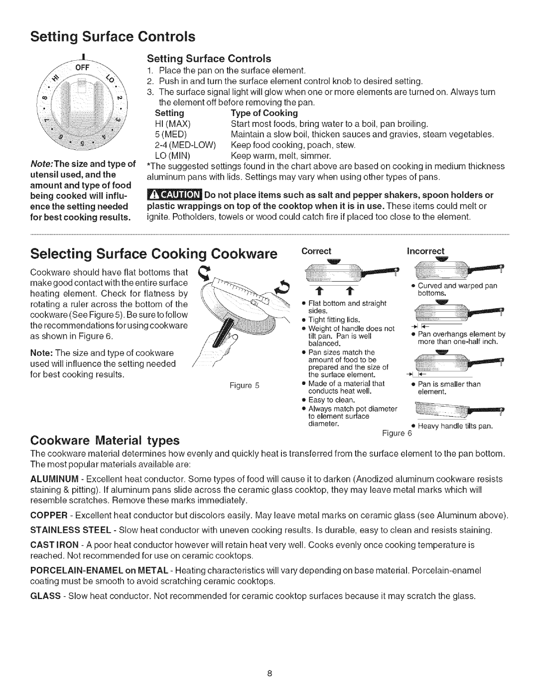 Kenmore 790.4626 manual Setting Surface Controls, Selecting Surface Cooking Cookware, Cookware Material types 