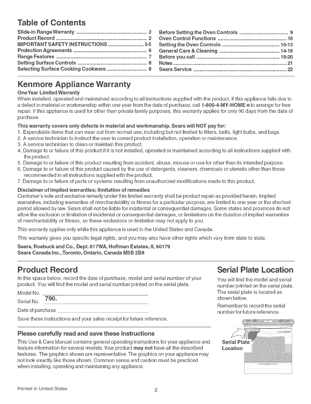 Kenmore 790.46268 manual Contents, Kenmore Appliance Warranty, Product Record, Seria P ate Location 