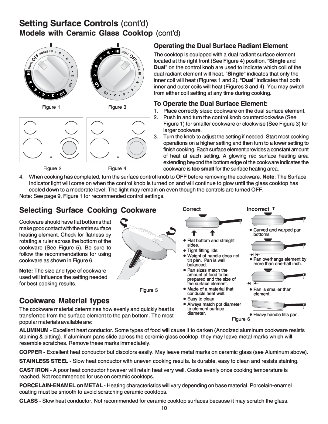 Kenmore 790.4659, 790.4658 Selecting Surface Cooking Cookware, Cookware Material types, Setting Surface Controls cont’d 