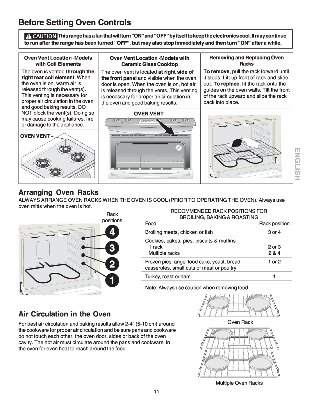 Kenmore 790.4658 manual Before Setting Oven Controls, Arranging Oven Racks, Air Circulation in the Oven, English, Oven Vent 