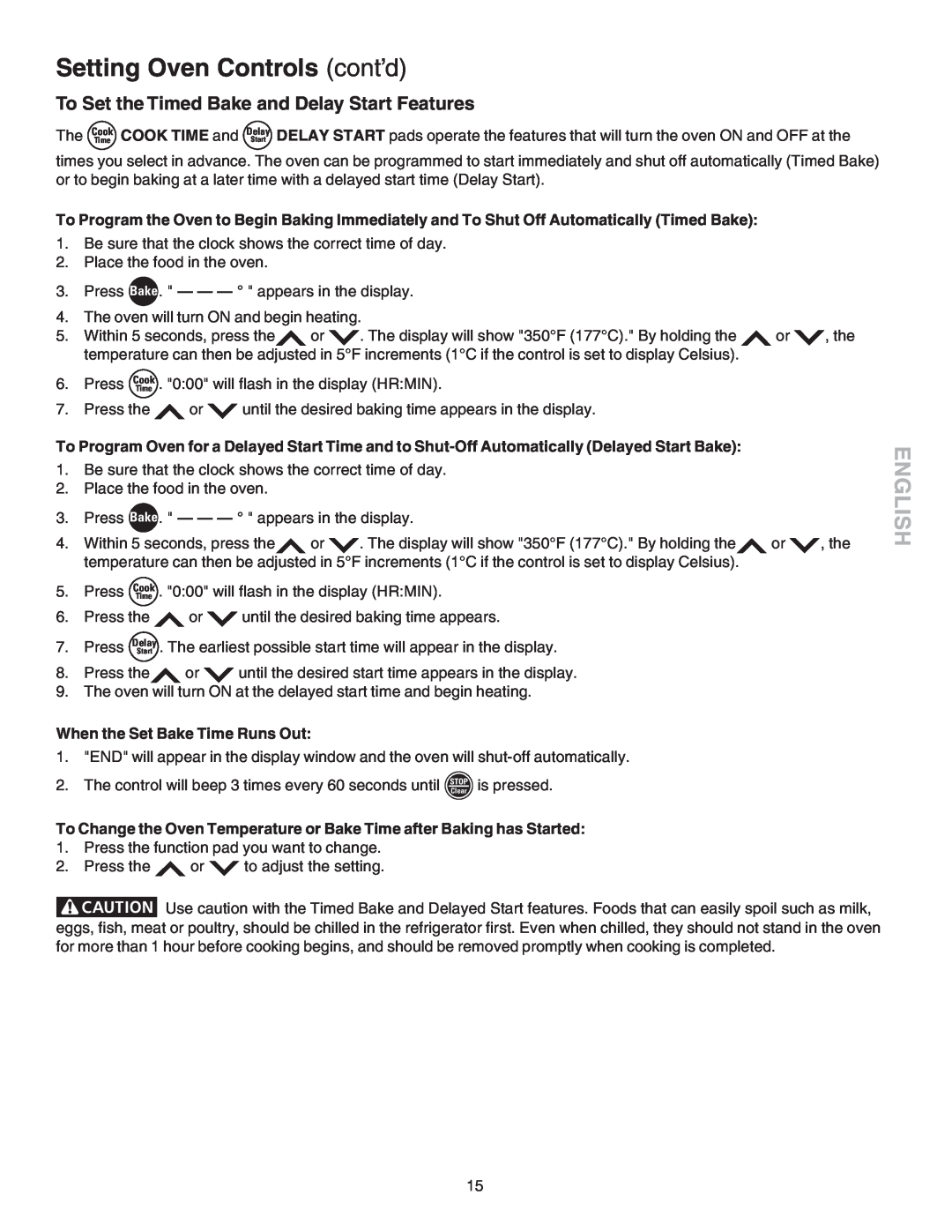 Kenmore 790.4658, 790.4659 manual Setting Oven Controls cont’d, English, To Set the Timed Bake and Delay Start Features 