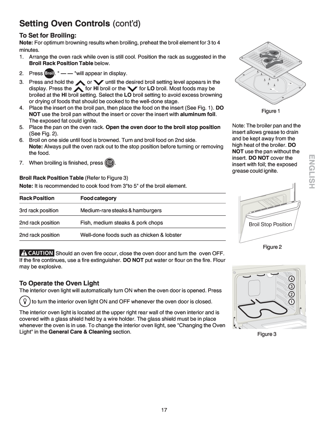 Kenmore 790.4658 Setting Oven Controls cont’d, English, To Set for Broiling, To Operate the Oven Light, Rack Position 