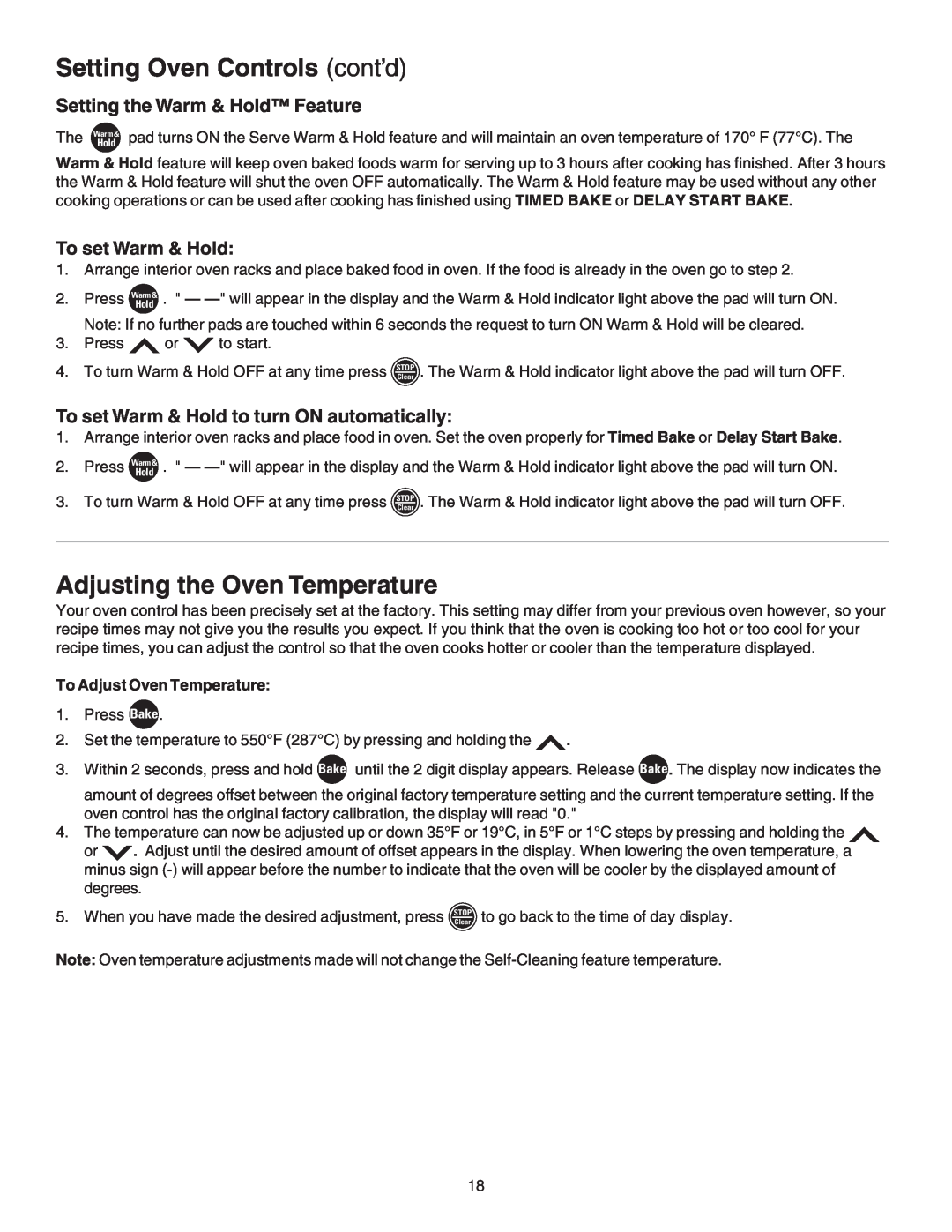 Kenmore 790.4659, 790.4658 Adjusting the Oven Temperature, Setting Oven Controls cont’d, Setting the Warm & Hold Feature 