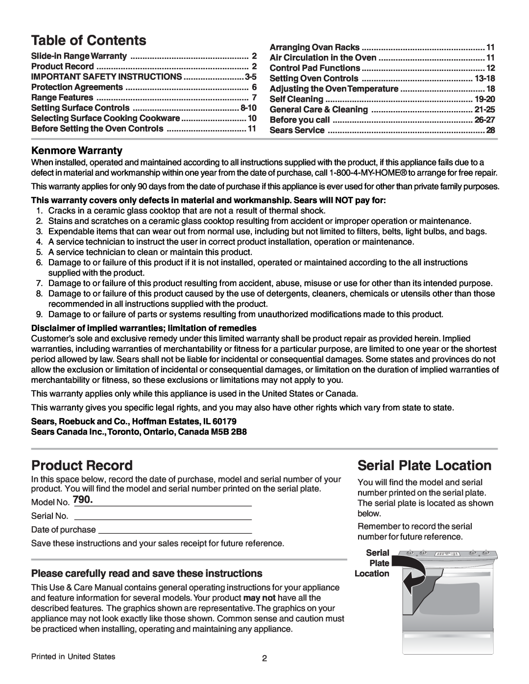 Kenmore 790.4659 Table of Contents, Product Record, Serial Plate Location, Kenmore Warranty, 8-10, 13-18, 19-20, 21-25 