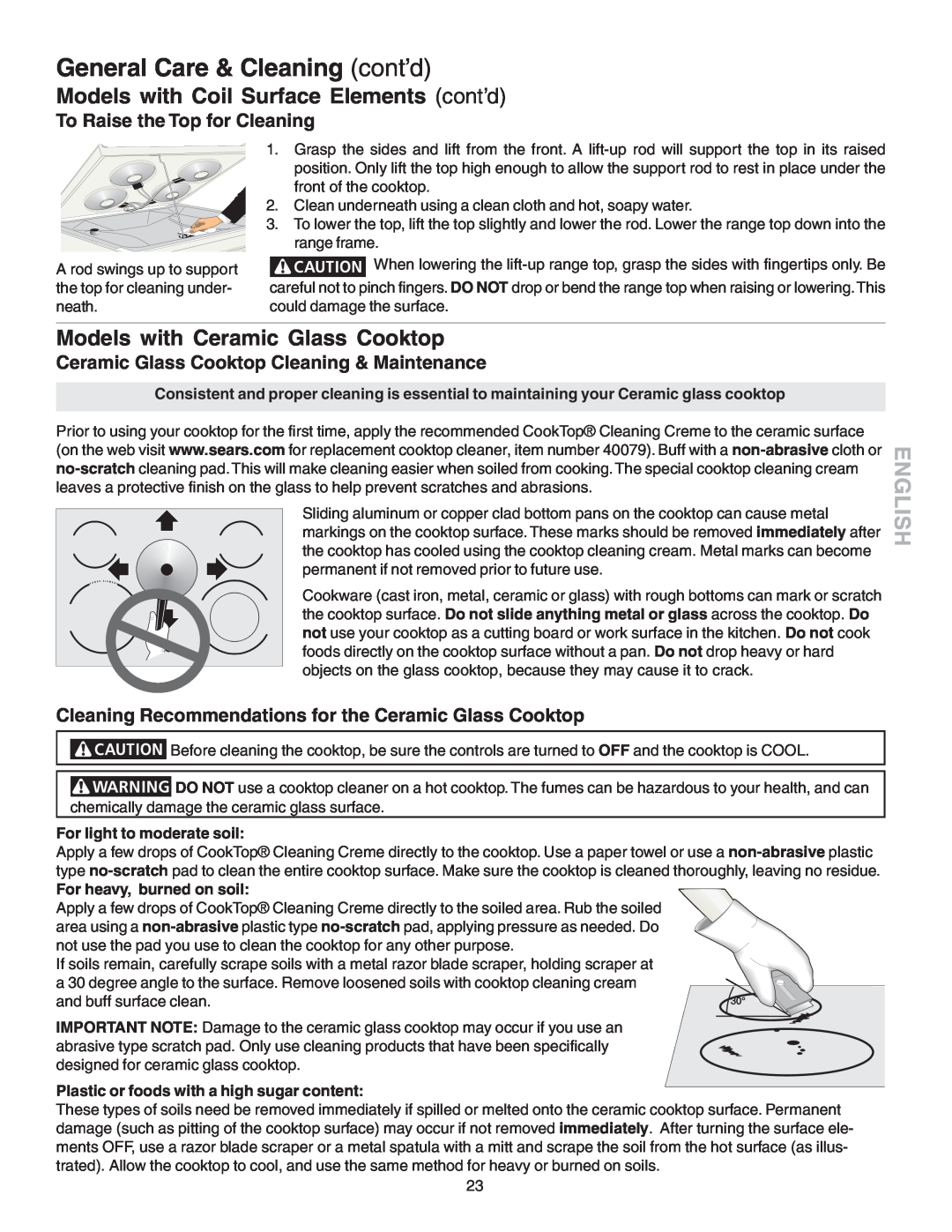 Kenmore 790.4658 General Care & Cleaning cont’d, Models with Coil Surface Elements, Models with Ceramic Glass Cooktop 