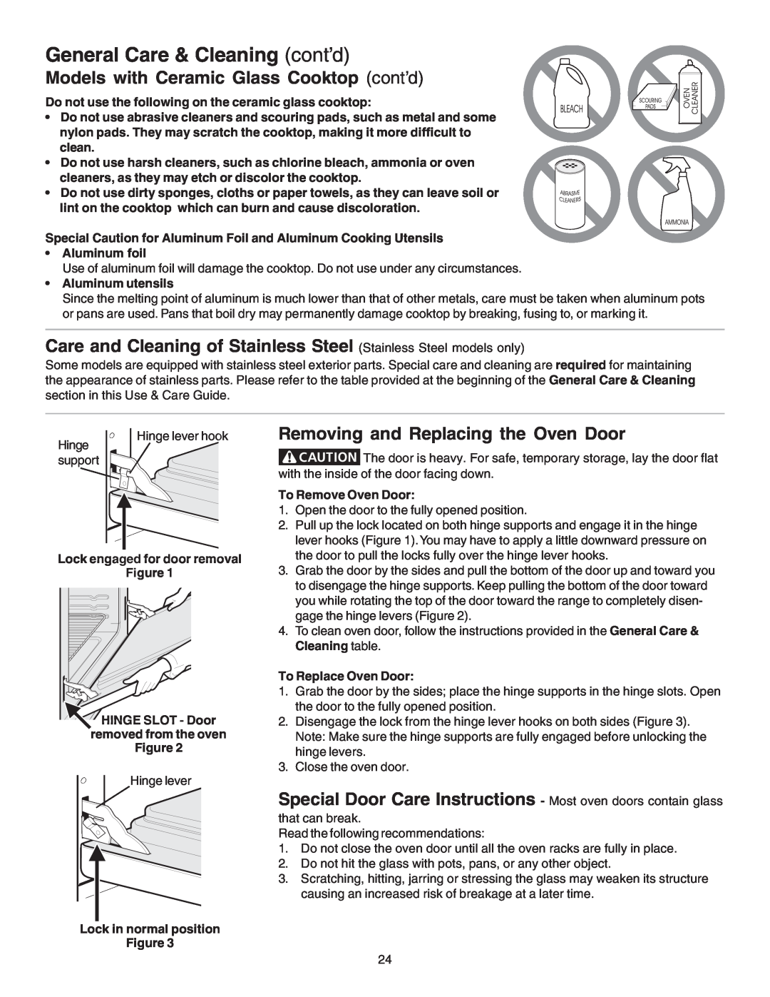Kenmore 790.4659 Care and Cleaning of Stainless Steel Stainless Steel models only, Removing and Replacing the Oven Door 