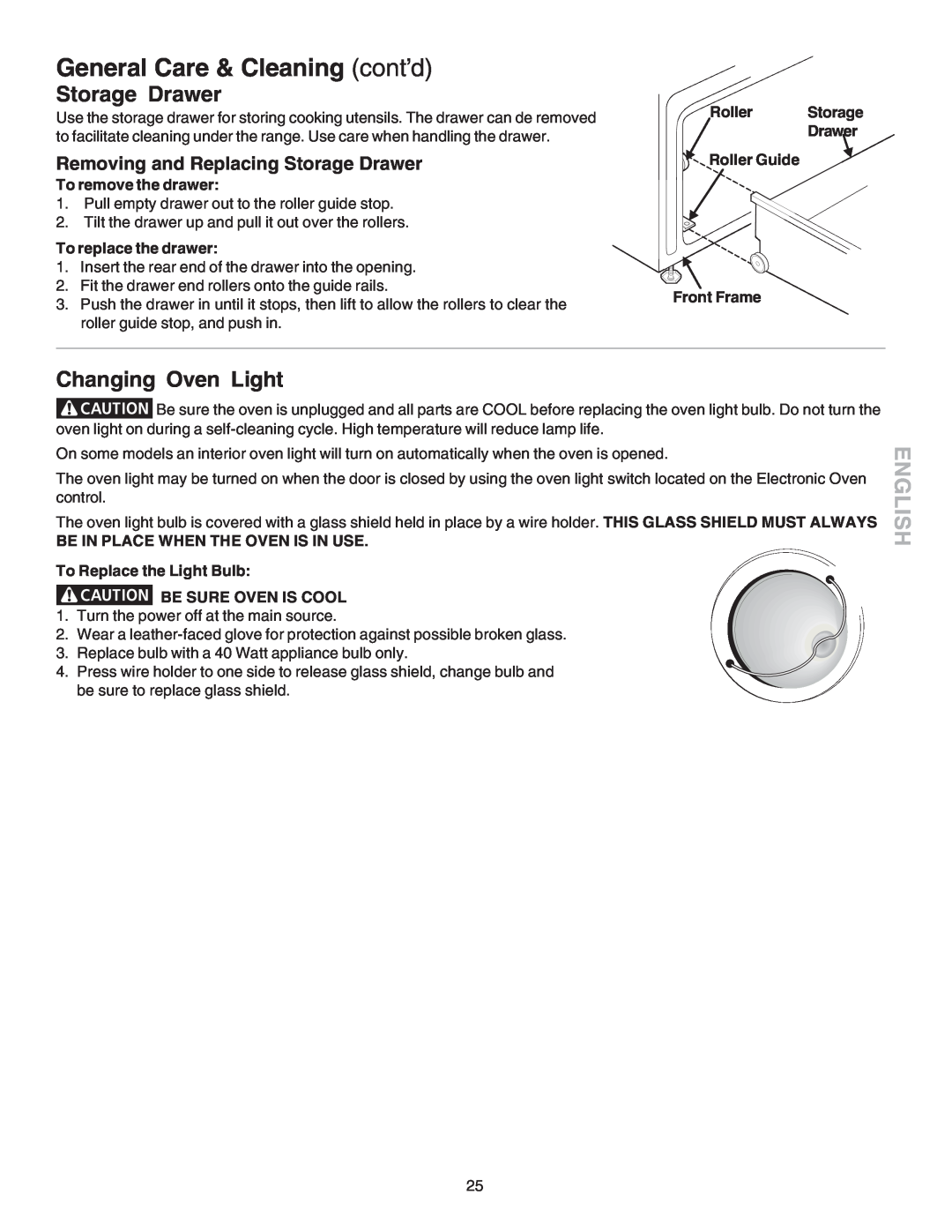 Kenmore 790.4658 manual Storage Drawer, Changing Oven Light, General Care & Cleaning cont’d, English, To remove the drawer 