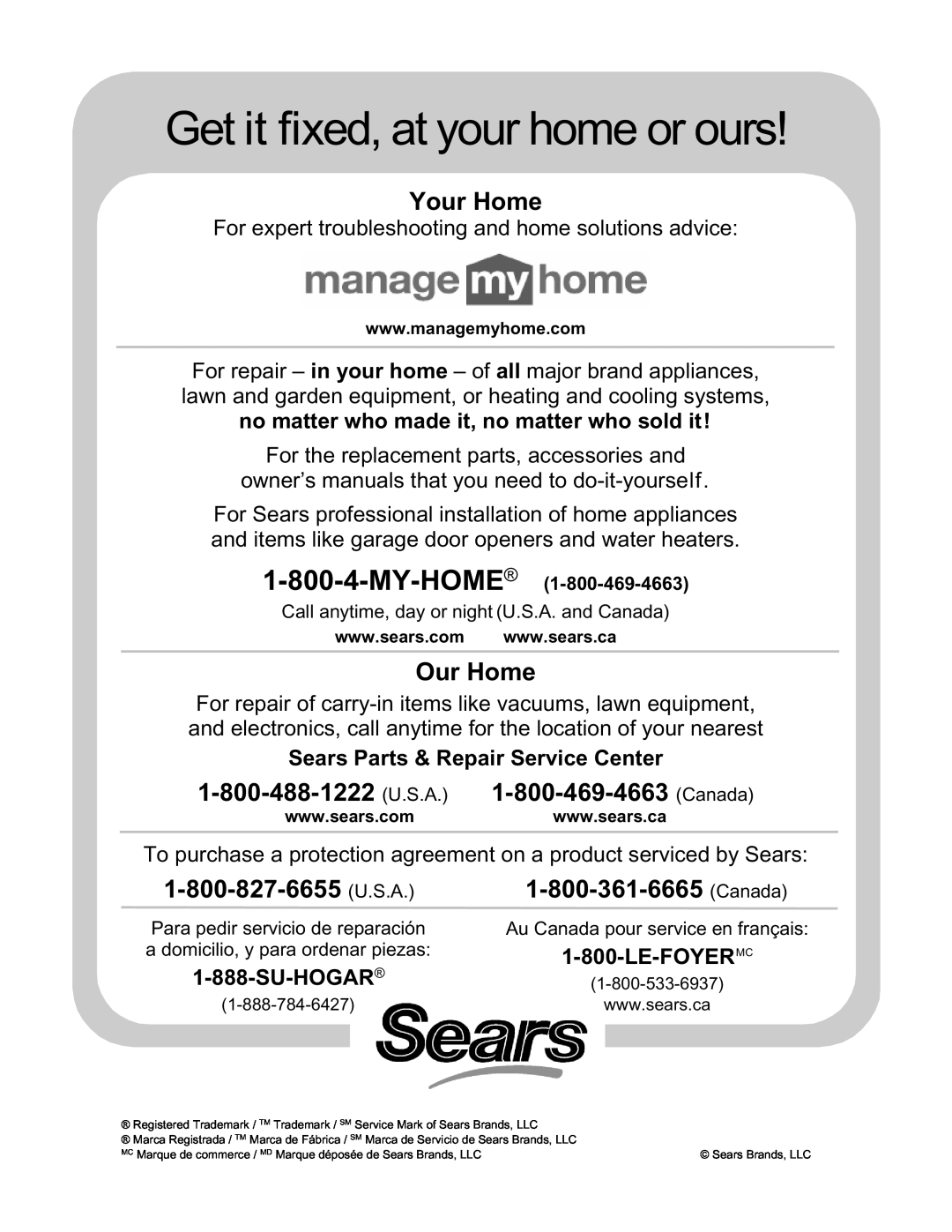Kenmore 790.4659 Get it fixed, at your home or ours, Your Home, Our Home, Sears Parts & Repair Service Center, Su-Hogar 