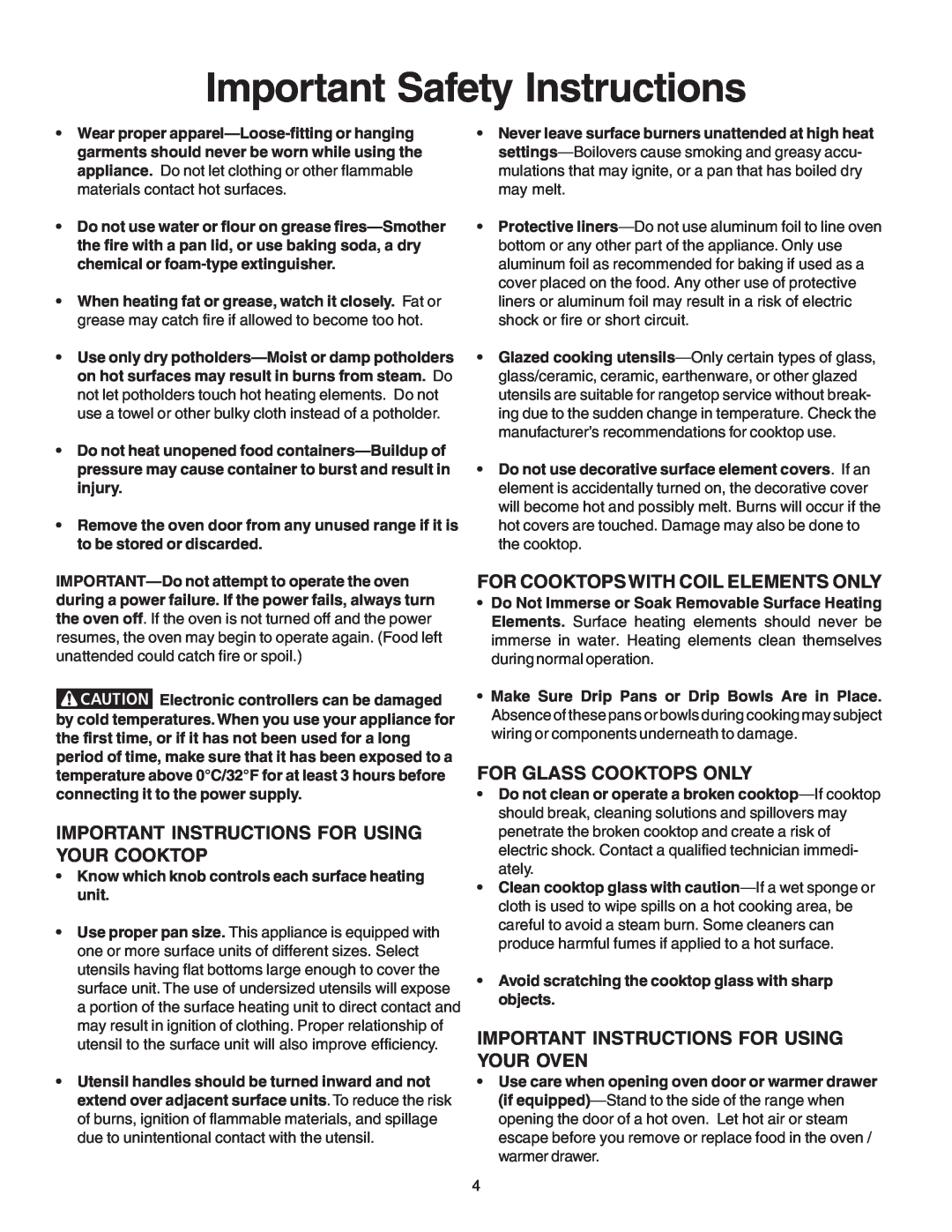 Kenmore 790.4659 Important Safety Instructions, Important Instructions For Using Your Cooktop, For Glass Cooktops Only 