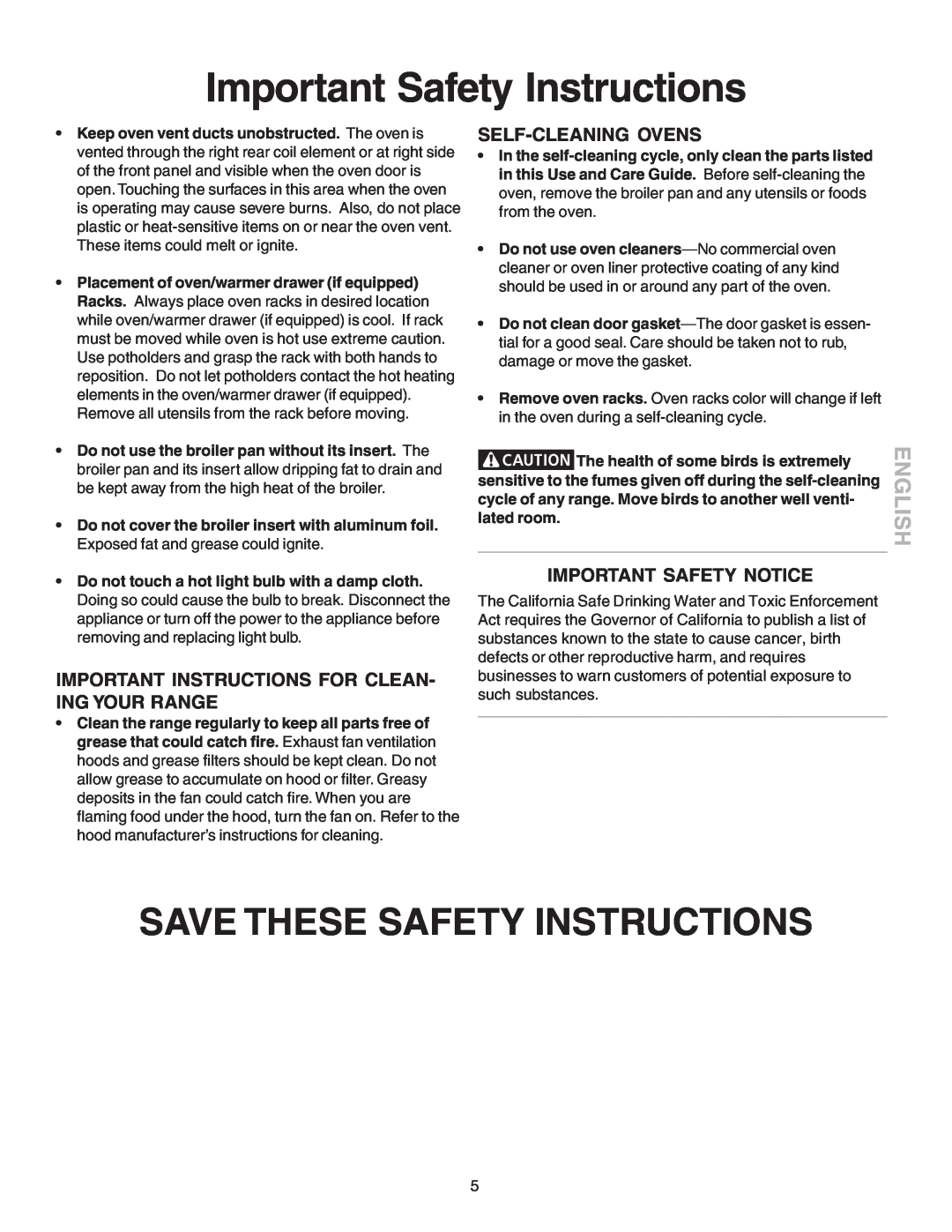 Kenmore 790.4658, 790.4659 Save These Safety Instructions, Important Safety Instructions, English, Self-Cleaning Ovens 