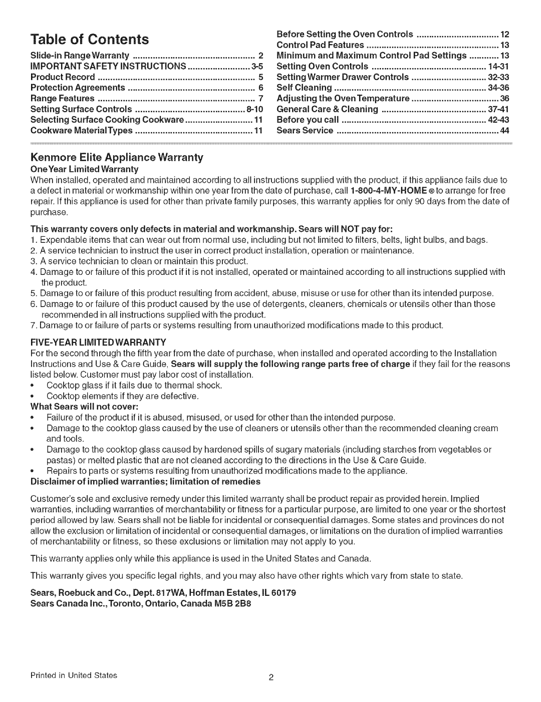 Kenmore 790.4660 manual Contents 