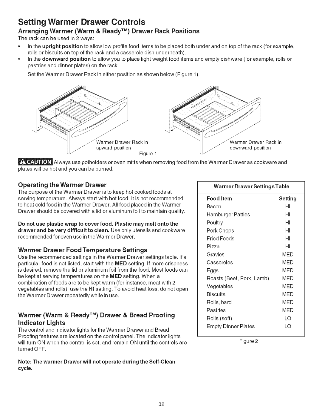 Kenmore 790.4660 manual Setting Warmer Drawer Controls, Arranging Warmer Warm & Ready TM Drawer Rack Positions 