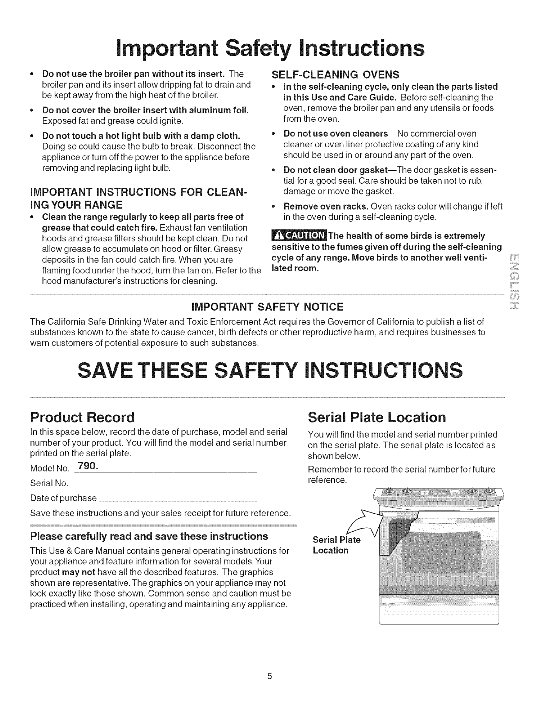 Kenmore 790.4660 manual Product Record, Serial Plate Location, Important Instructions for Clean ING Your Range 