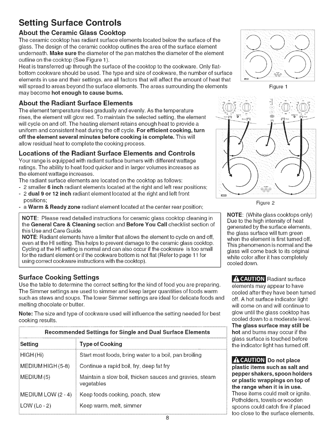 Kenmore 790.4660 manual Setting Surface Controls, About the Ceramic Glass Cooktop, About the Radiant Surface Elements 