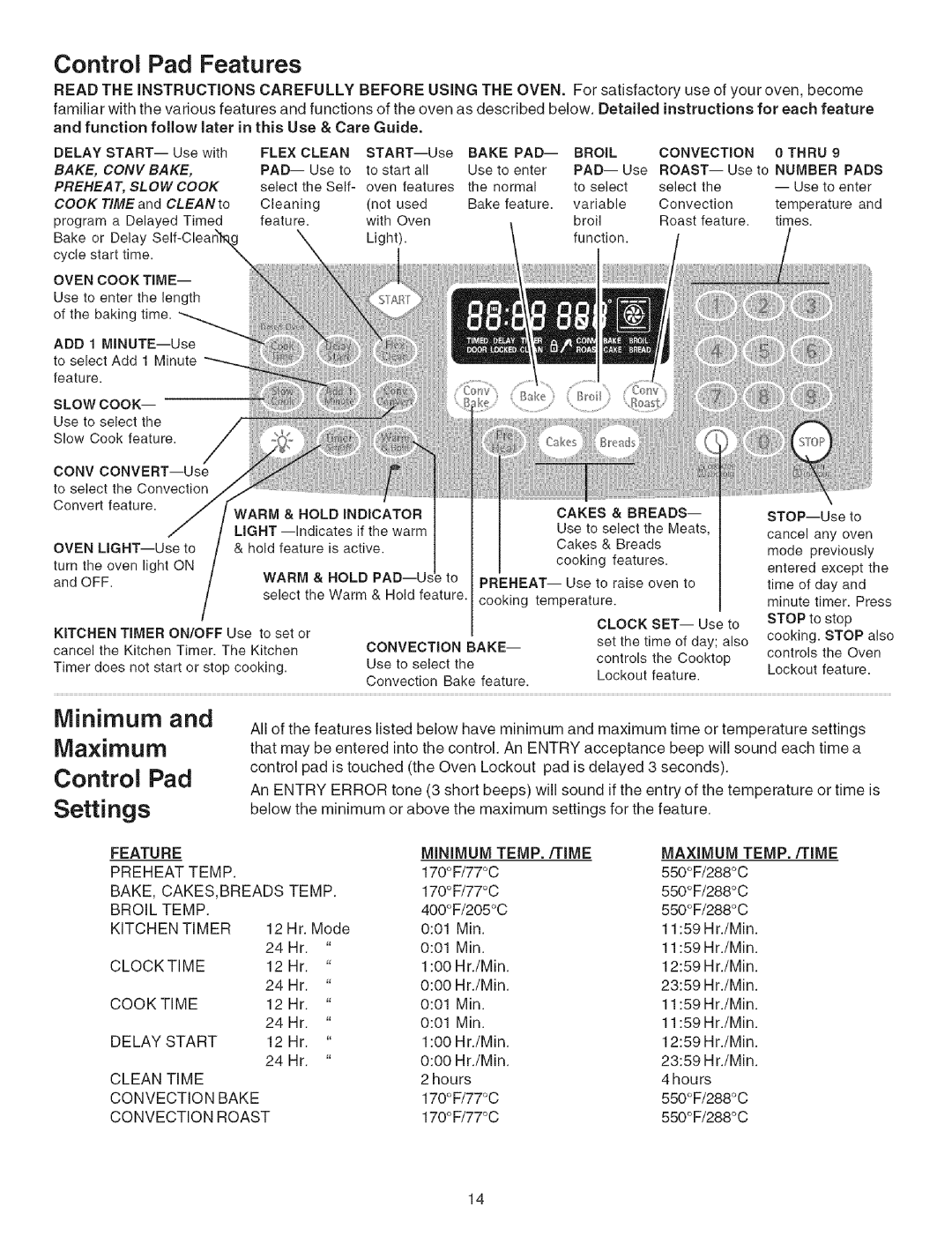 Kenmore 790.467 manual Control Pad Features, Minimum Maximum, Control Pad Settings 