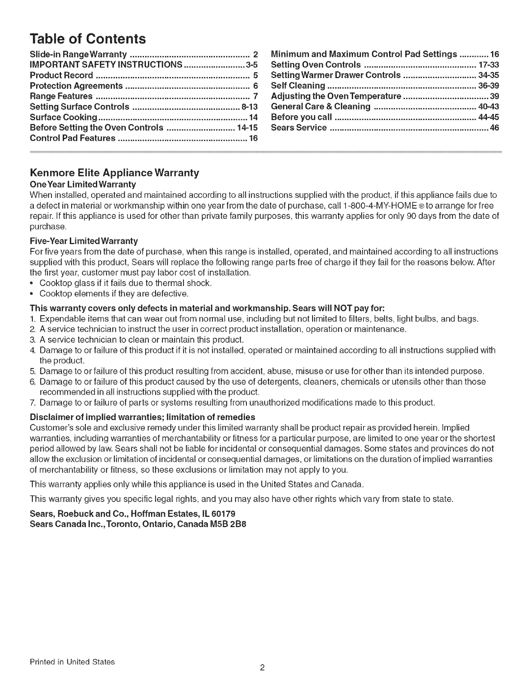 Kenmore 790.467 manual Table of Contents 