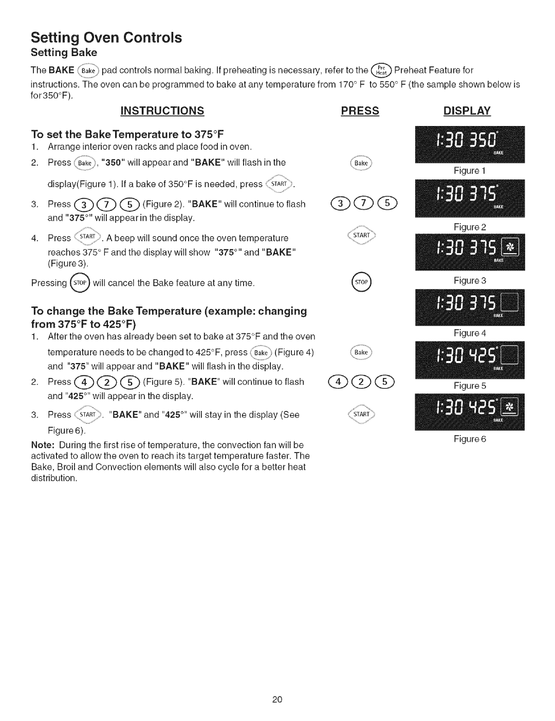 Kenmore 790.467 manual Setting Bake, To set the BakeTemperature to 375F, To change the Bake Temperature example changing 