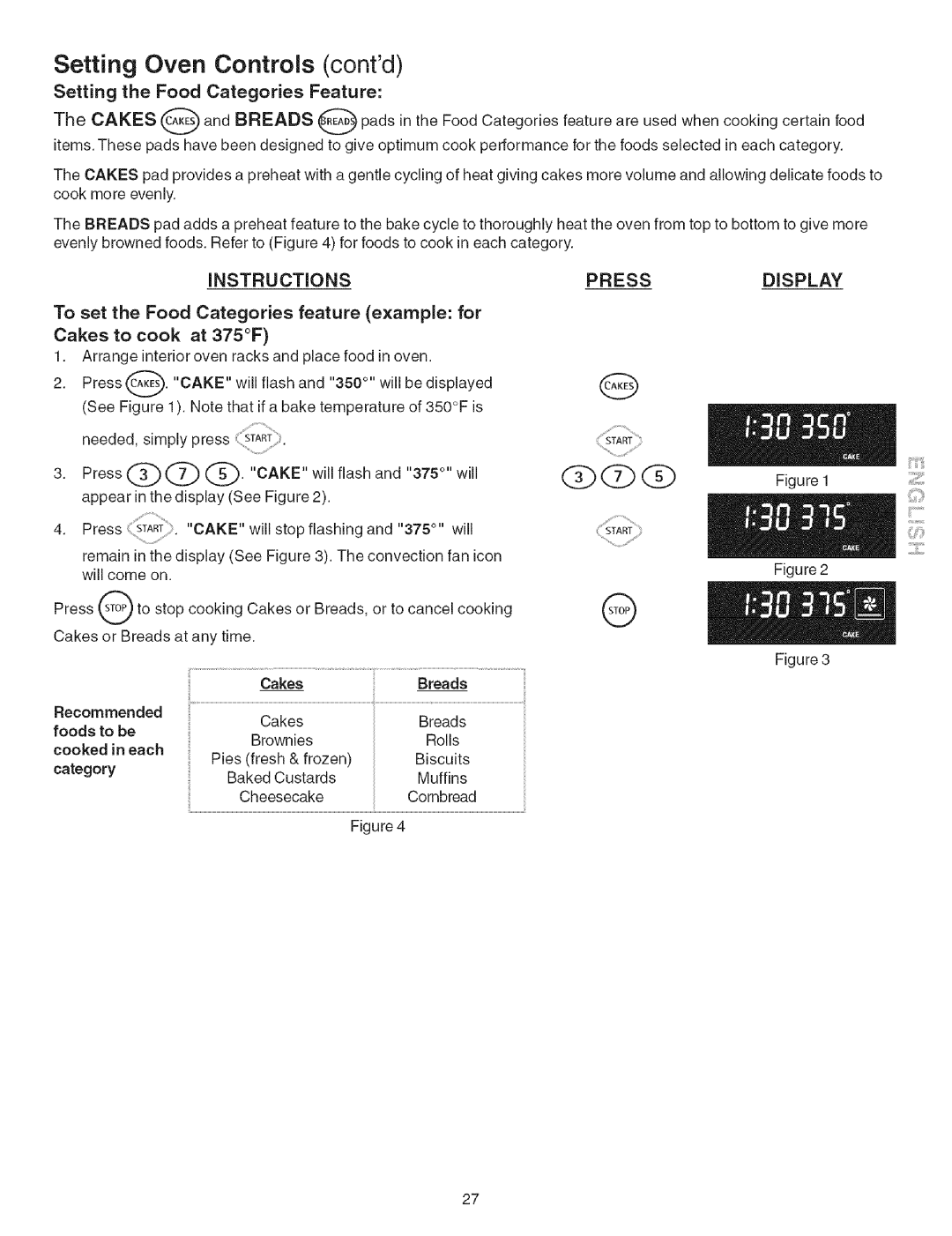 Kenmore 790.467 manual Setting Oven Controls contd, Setting the Food Categories Feature Cakes c and Breads 